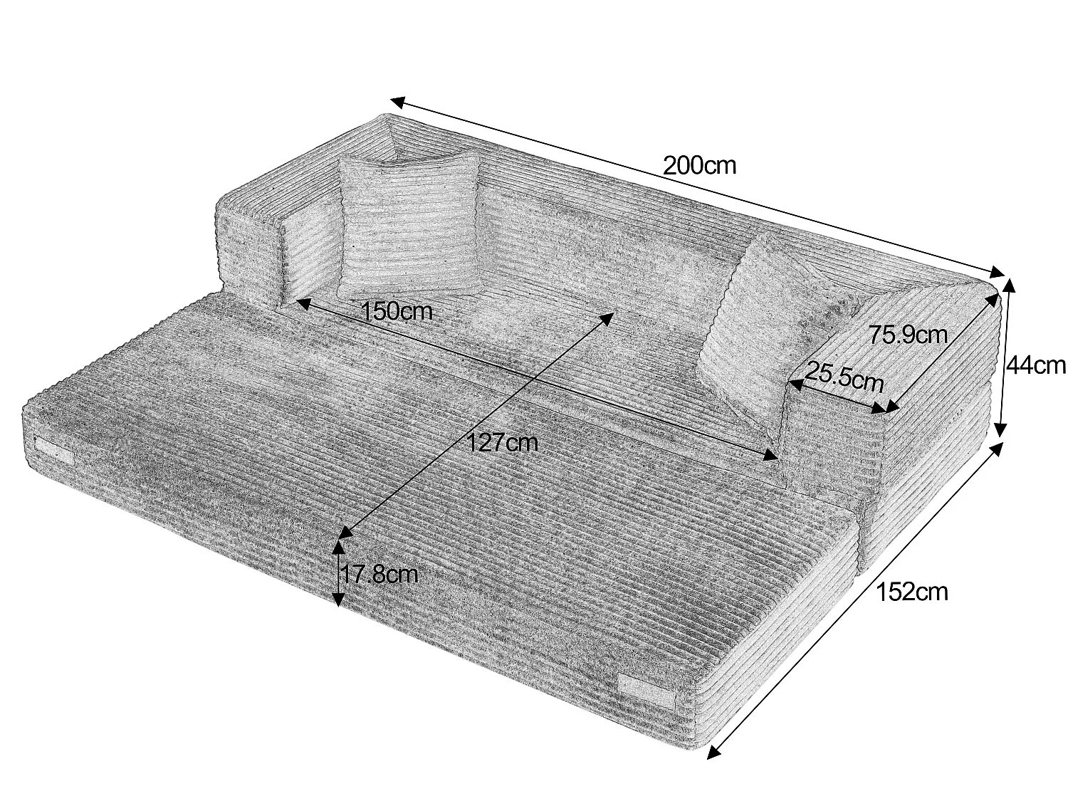 Kaleido SE Canapé Modulable Convertible | Mousse Haute Densité Compressé sous Vide, Tissu Velours Côtelé Résistant, Salon Studio | 200x76x60 cm