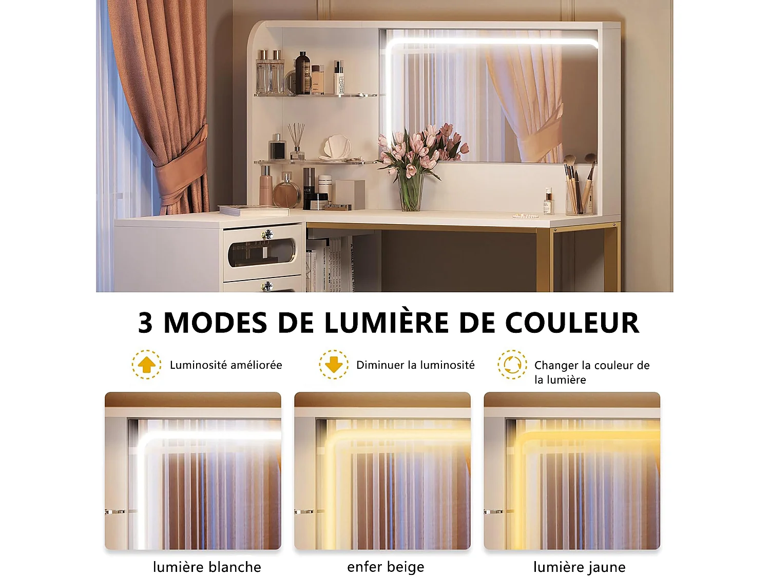 Coiffeuse avec Miroir LED et Tabouret Moderne Table de Maquillage avec 5 Tiroirs,3 Couleurs Coiffeuse avec Rangement 4 étagères Ouvertes Blanc