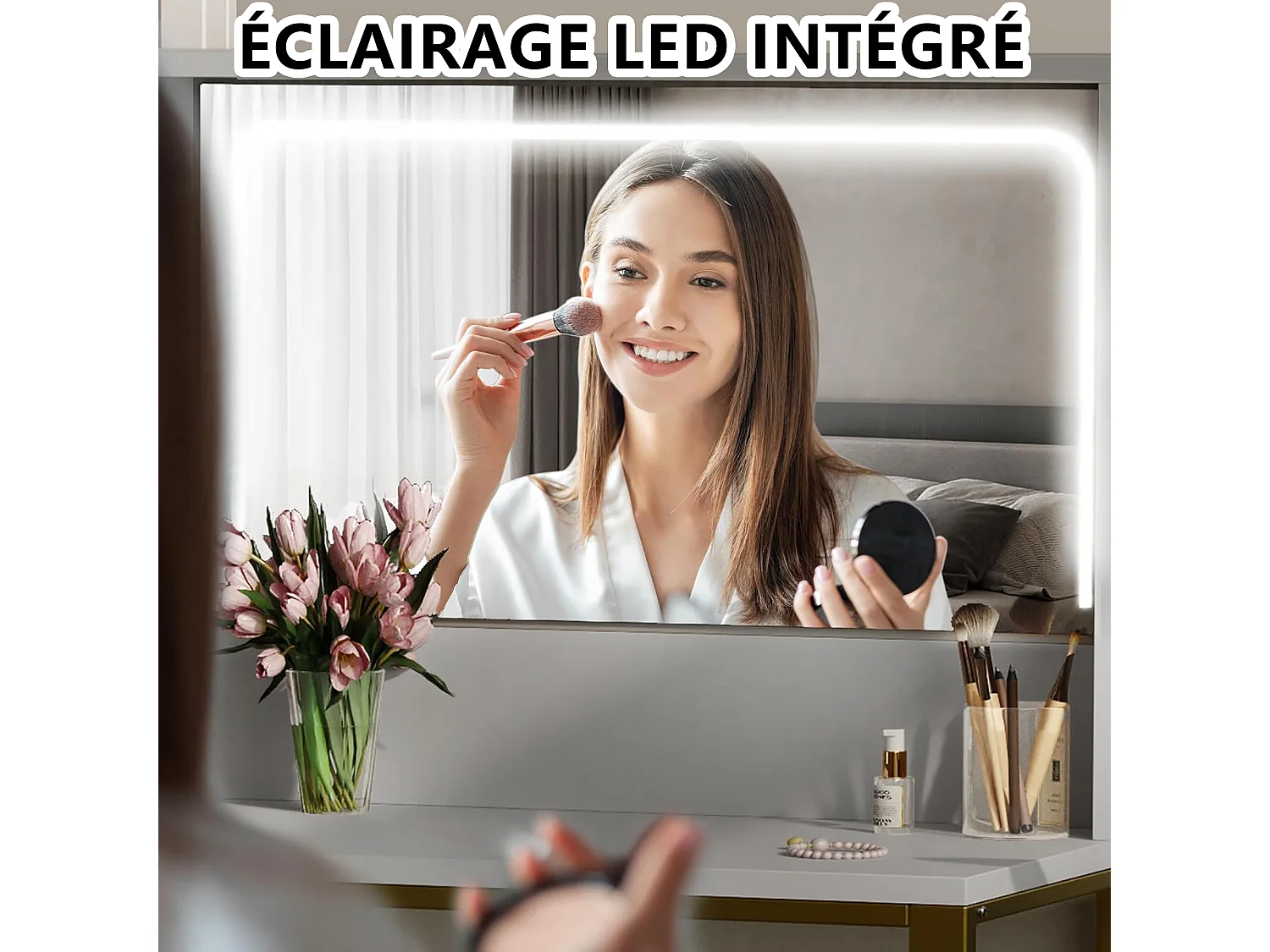 Coiffeuse avec Miroir LED et Tabouret Moderne Table de Maquillage avec 5 Tiroirs,3 Couleurs Coiffeuse avec Rangement 4 étagères Ouvertes Blanc