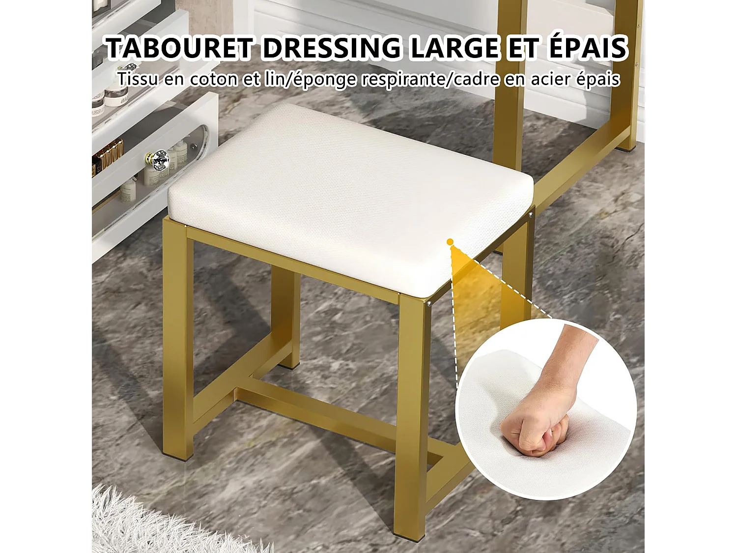 Coiffeuse avec Miroir LED et Tabouret Moderne Table de Maquillage avec 5 Tiroirs,3 Couleurs Coiffeuse avec Rangement 4 étagères Ouvertes Blanc