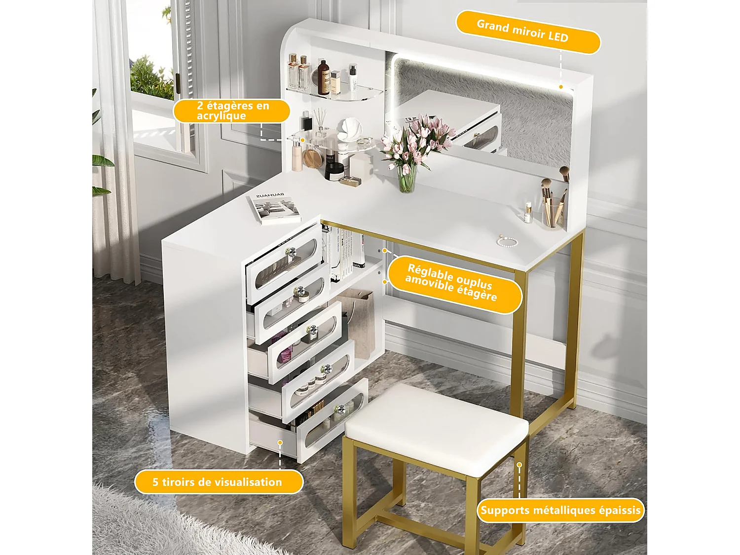 Coiffeuse avec Miroir LED et Tabouret Moderne Table de Maquillage avec 5 Tiroirs,3 Couleurs Coiffeuse avec Rangement 4 étagères Ouvertes Blanc