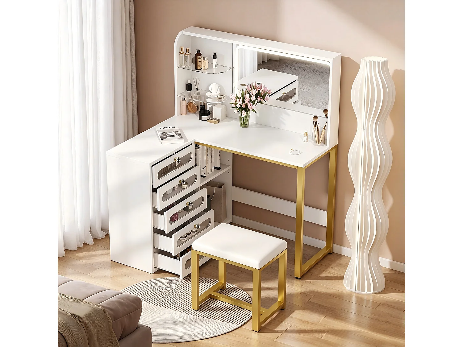 Coiffeuse avec Miroir LED et Tabouret Moderne Table de Maquillage avec 5 Tiroirs,3 Couleurs Coiffeuse avec Rangement 4 étagères Ouvertes Blanc