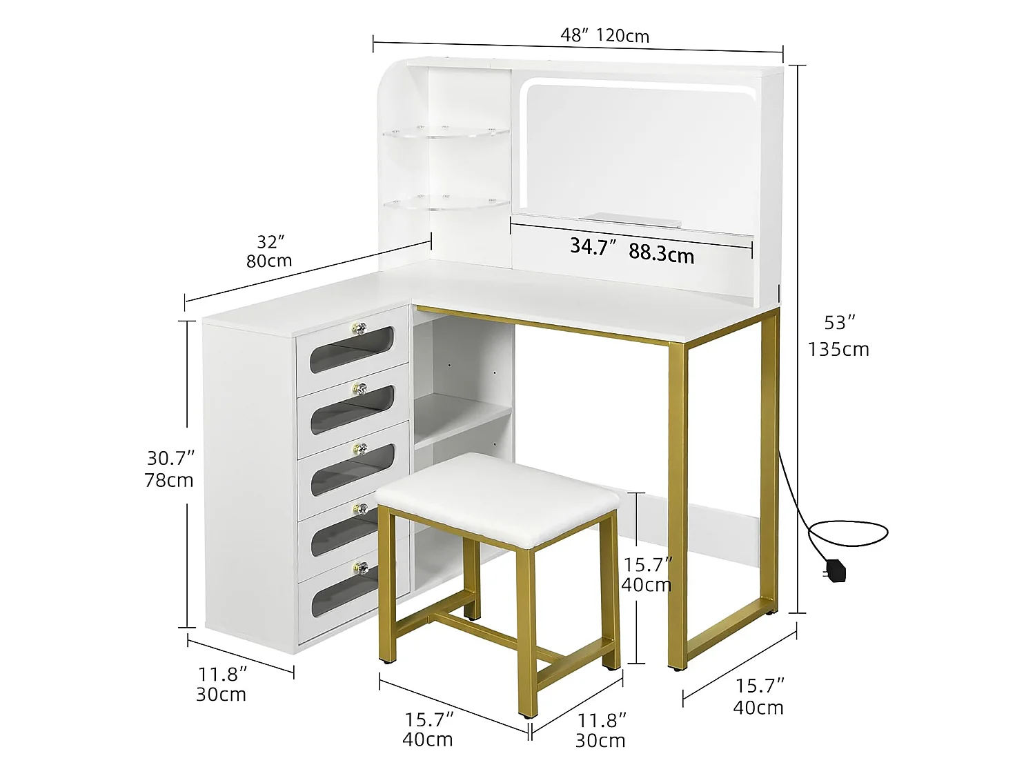 Coiffeuse avec Miroir LED et Tabouret Moderne Table de Maquillage avec 5 Tiroirs,3 Couleurs Coiffeuse avec Rangement 4 étagères Ouvertes Blanc