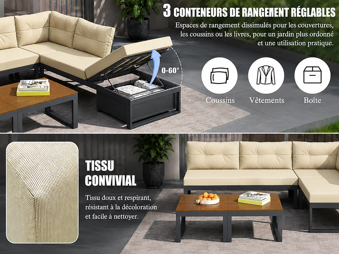 Salon de Jardin 5 Places - Canapé Convertible en L/U avec Coffre de Rangement, Tables Poufs & Coussins Épais Imperméables