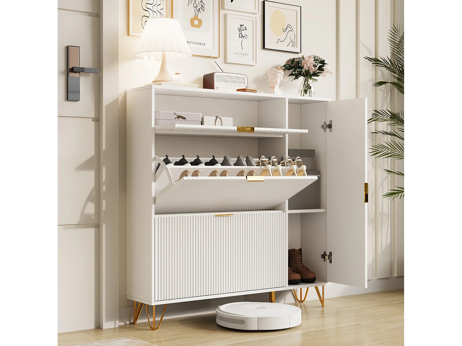 Meuble à Chaussures étroit,Meuble avec 3 abattants et 1 porte, Rangement Chaussures en Bois pour entrée,110x24x118.5 cm, Blanc