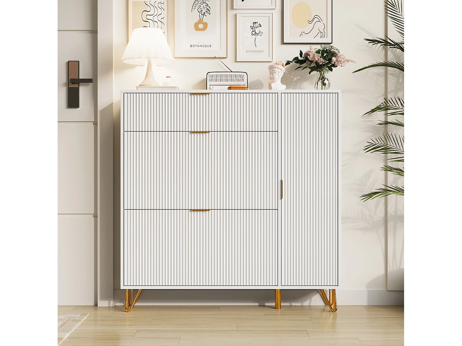 Meuble à Chaussures étroit,Meuble avec 3 abattants et 1 porte, Rangement Chaussures en Bois pour entrée,110x24x118.5 cm, Blanc