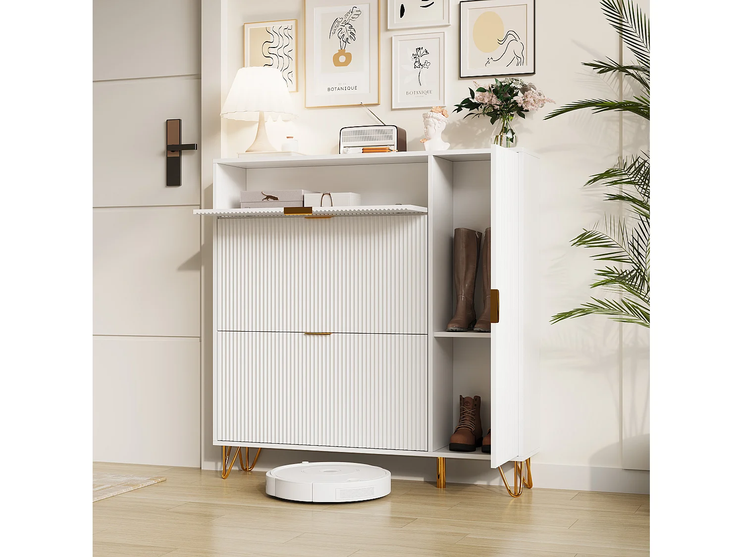 Meuble à Chaussures étroit,Meuble avec 3 abattants et 1 porte, Rangement Chaussures en Bois pour entrée,110x24x118.5 cm, Blanc