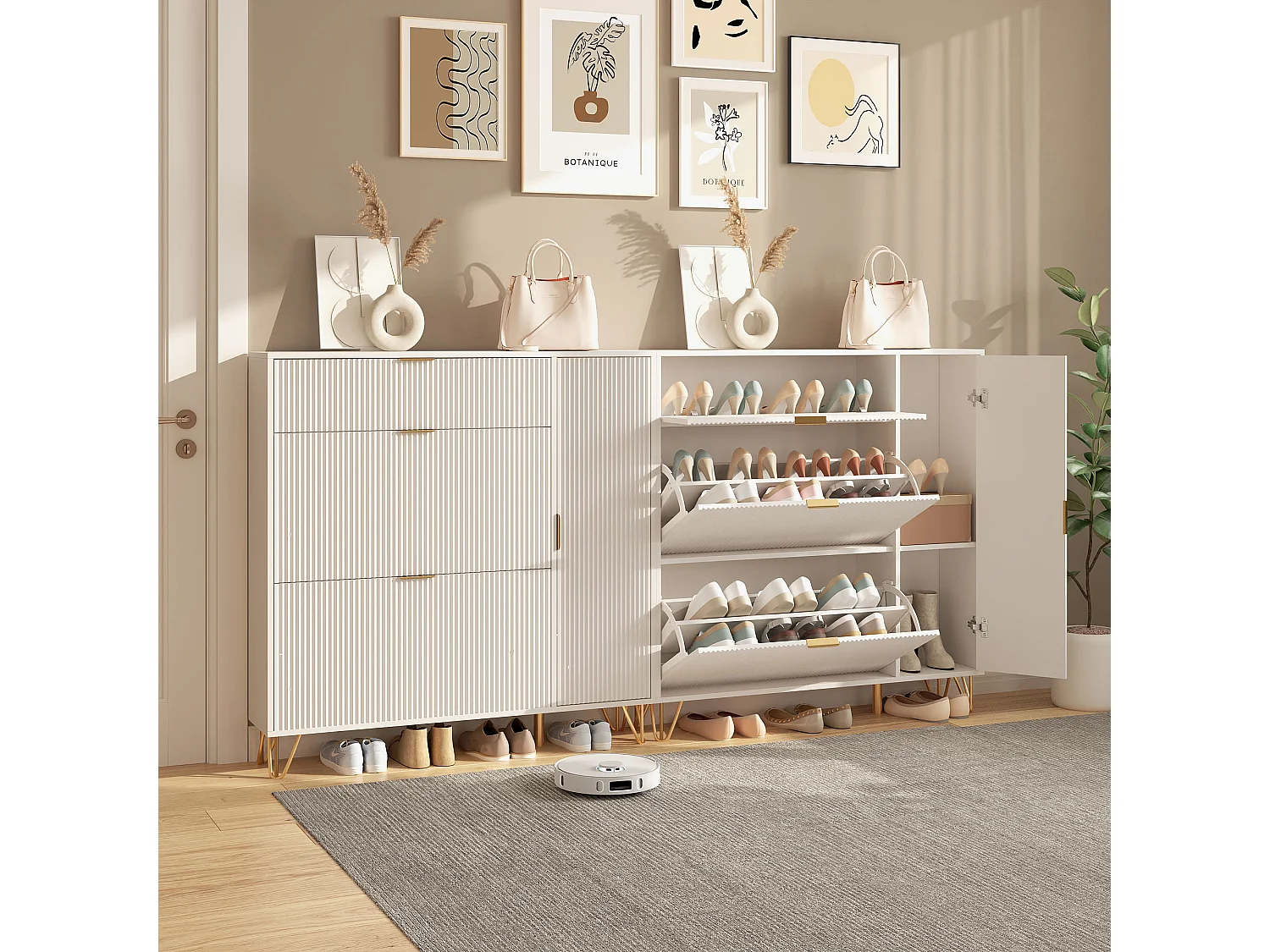 Meuble à Chaussures étroit,Meuble avec 3 abattants et 1 porte, Rangement Chaussures en Bois pour entrée,110x24x118.5 cm, Blanc