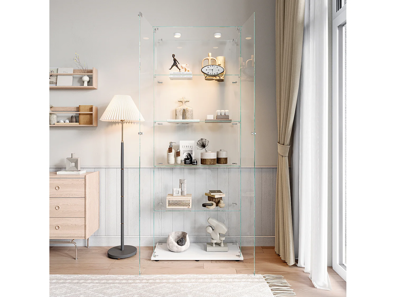 Vitrine en verre à 5 niveaux avec éclairage LED, double porte, blanche ; 78,5 x 34,5 x 186,5 cm