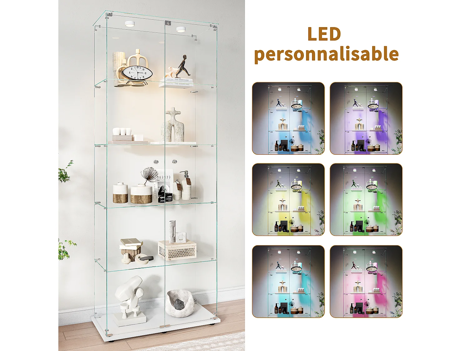 Vitrine en verre à 5 niveaux avec éclairage LED, double porte, blanche ; 78,5 x 34,5 x 186,5 cm
