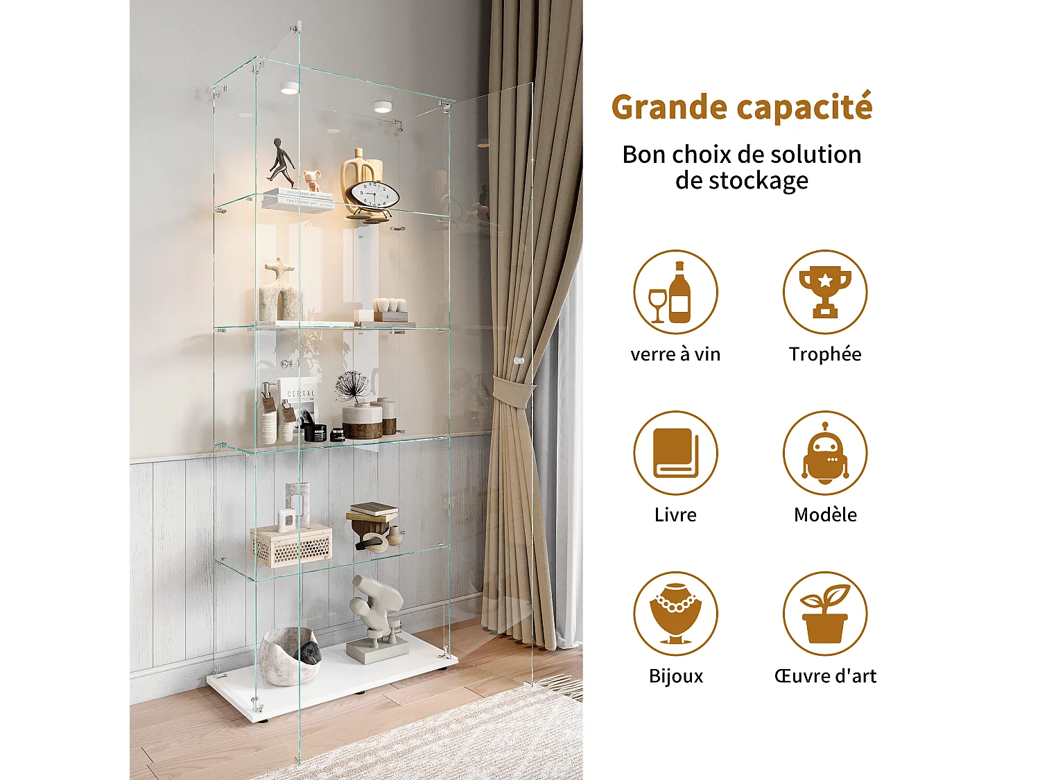 Vitrine en verre à 5 niveaux avec éclairage LED, double porte, blanche ; 78,5 x 34,5 x 186,5 cm