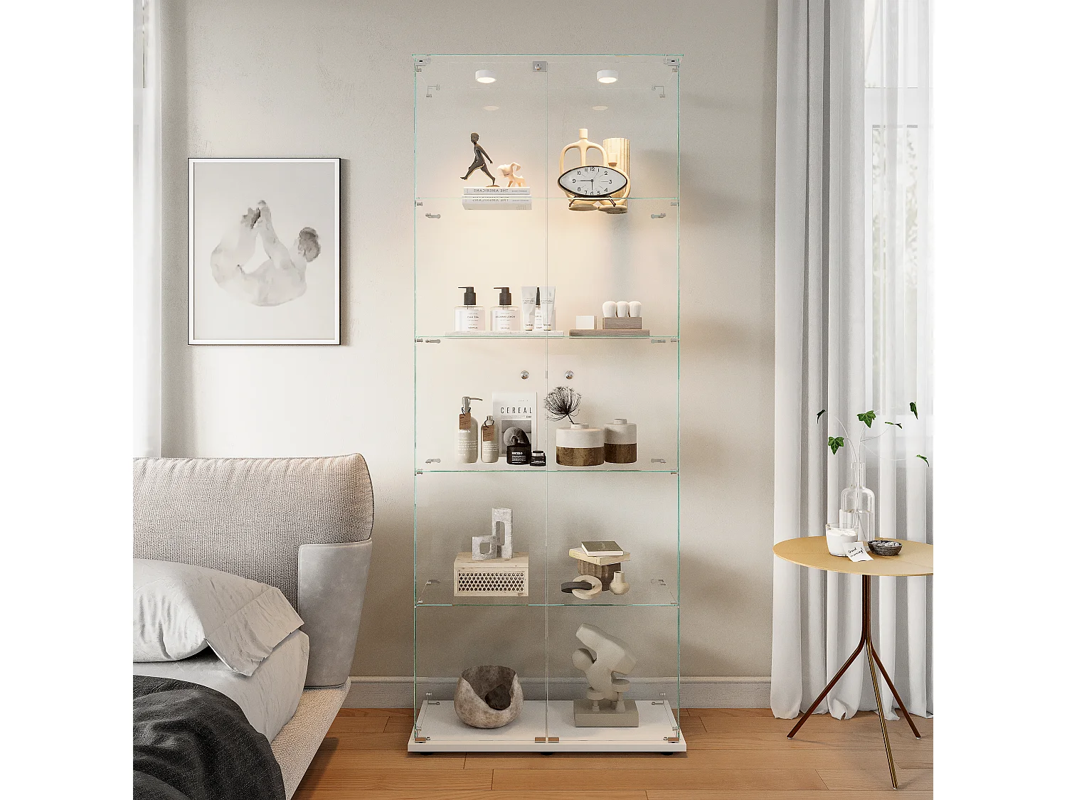 Vitrine en verre à 5 niveaux avec éclairage LED, double porte, blanche ; 78,5 x 34,5 x 186,5 cm