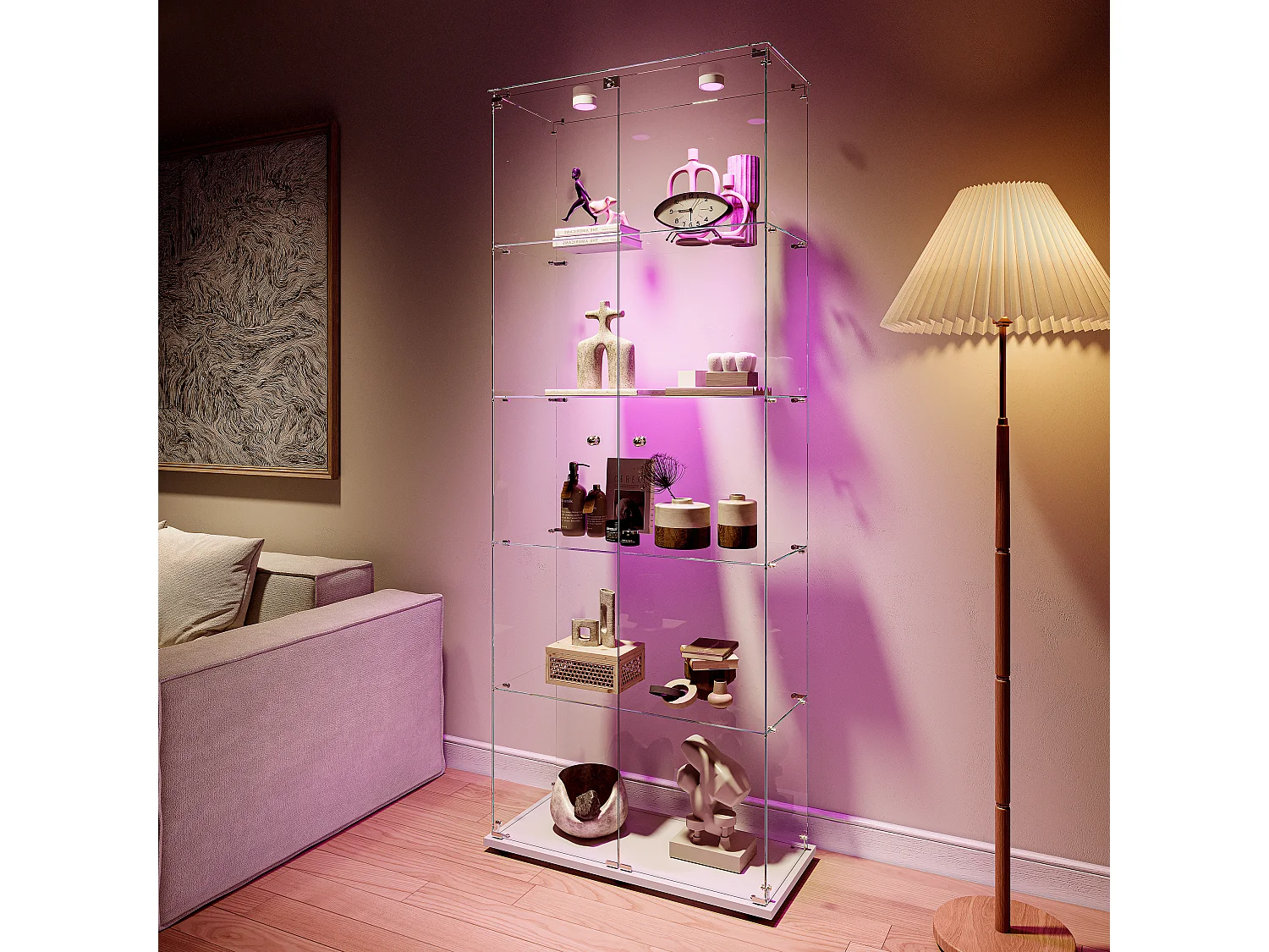 Vitrine en verre à 5 niveaux avec éclairage LED, double porte, blanche ; 78,5 x 34,5 x 186,5 cm
