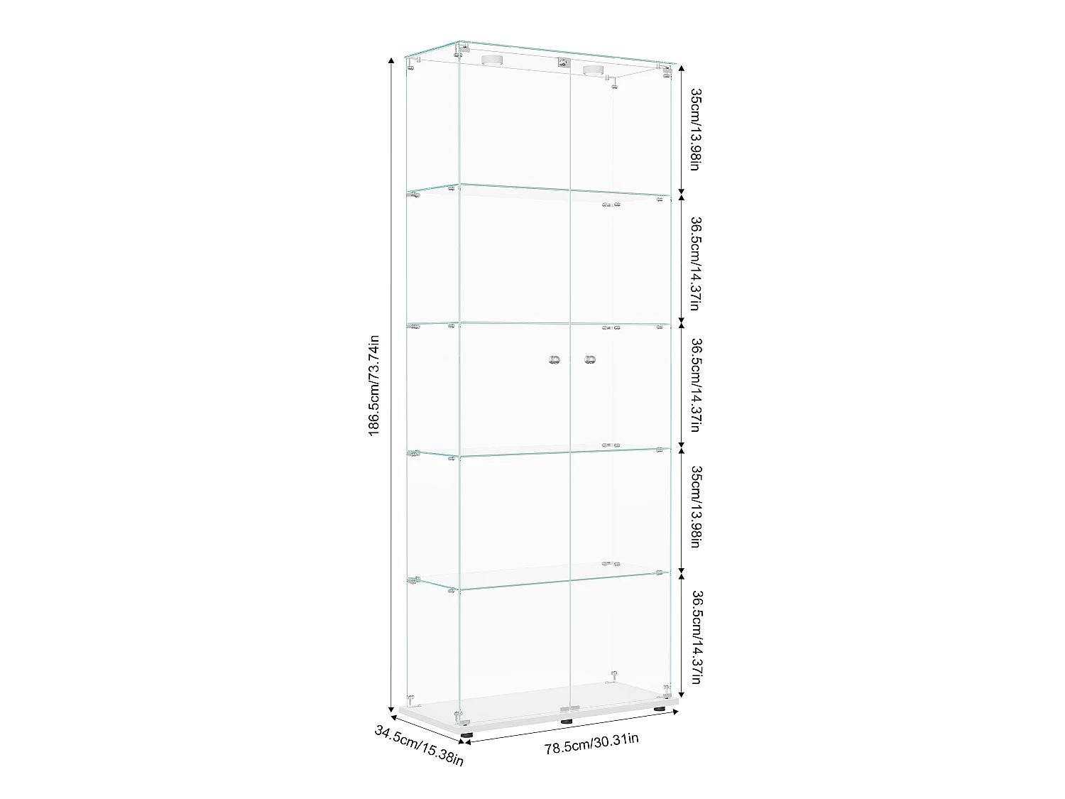 Vitrine en verre à 5 niveaux avec éclairage LED, double porte, blanche ; 78,5 x 34,5 x 186,5 cm