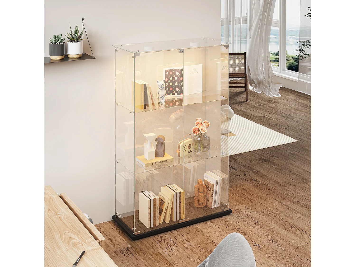 Vitrine Double Porte 3 Niveaux 6 Cases Avec LED Et Serrure, Rangement Figurines Et Vins,78,5×35×123,3cm