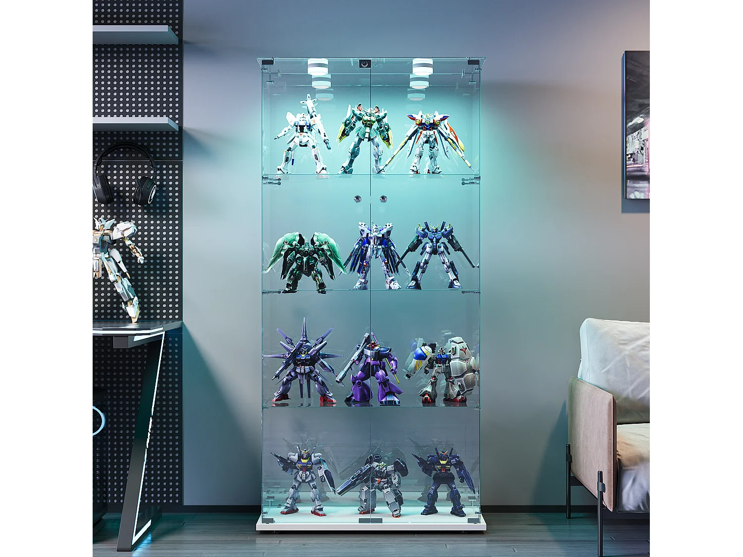 Vitrine à 4 niveaux avec éclairage LED, double porte, 78,5 x 35 x 163 cm, idéale pour objets de collection, salon, blanche