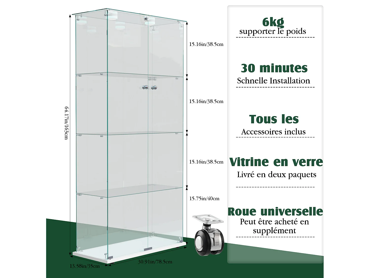 Vitrine à 4 niveaux avec éclairage LED, double porte, 78,5 x 35 x 163 cm, idéale pour objets de collection, salon, blanche