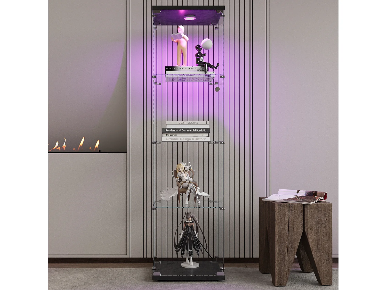Vitrine D’exposition Une Porte 4 Étagères Verre Trempé, Éclairage LED, Socle Noir Pour Salon/Chambre/Bureau, L42×P36×H164cm