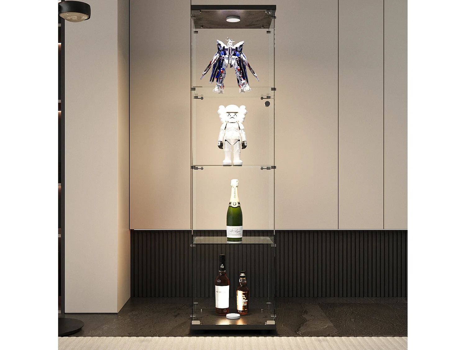 Vitrine D’exposition Une Porte 4 Étagères Verre Trempé, Éclairage LED, Socle Noir Pour Salon/Chambre/Bureau, L42×P36×H164cm