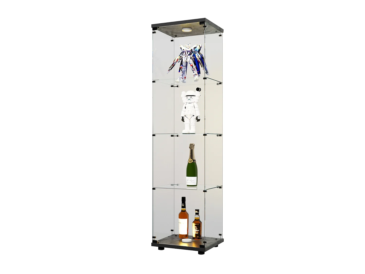 Vitrine D’exposition Une Porte 4 Étagères Verre Trempé, Éclairage LED, Socle Noir Pour Salon/Chambre/Bureau, L42×P36×H164cm