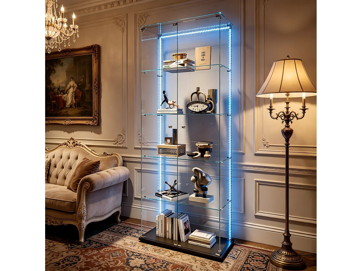 Vitrine en verre, meuble à double porte avec éclairage LED, 5 étagères, idéale pour les bureaux, les collections de vin et les salons, 78,5 x 34,5 x 186,5 cm