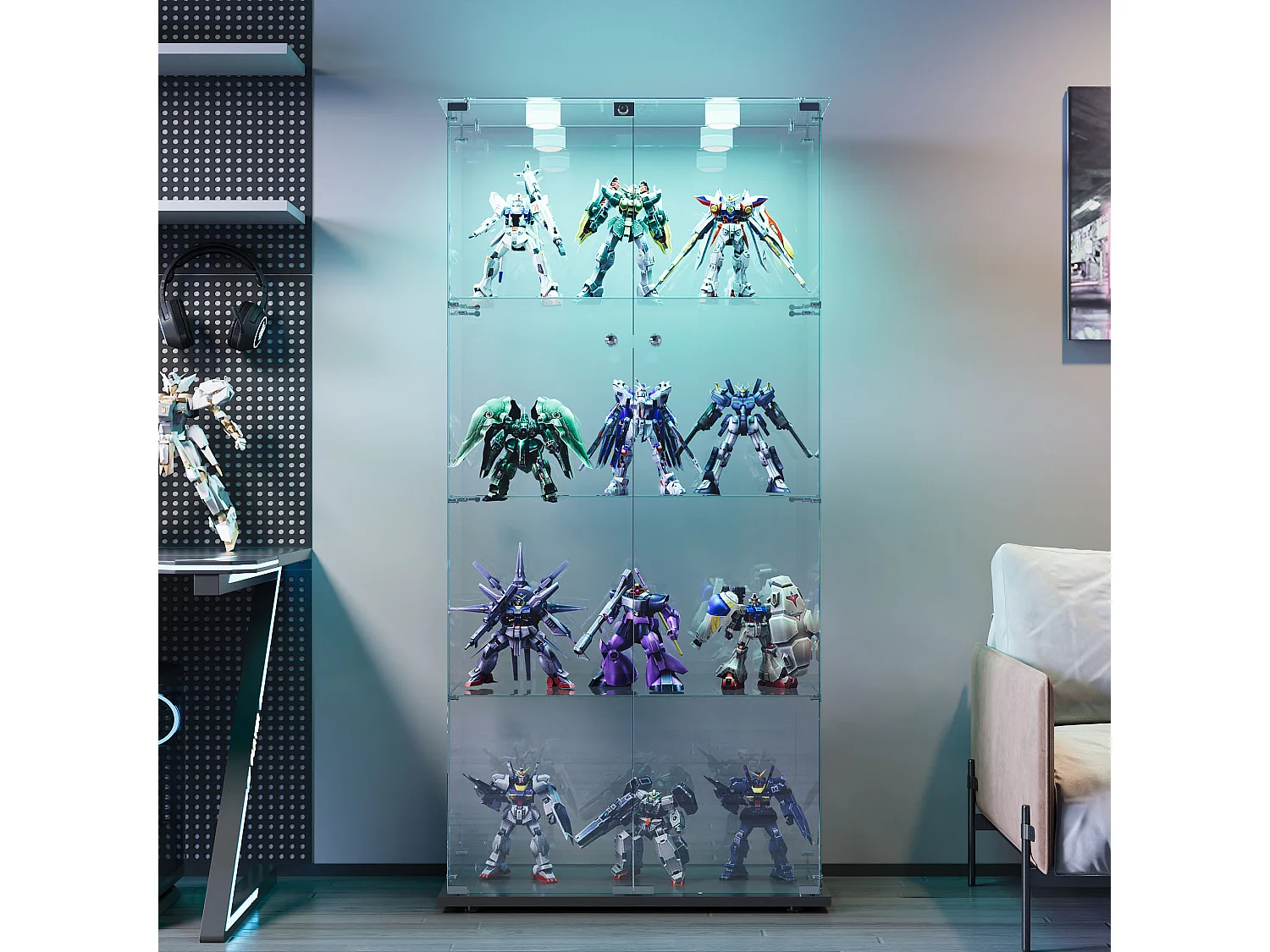 Vitrine à quatre niveaux en verre,double porte avec éclairage LED,corps en verre trempé,convient aux bureaux,aux collections de vin et aux salons,78,5x35x163 cm