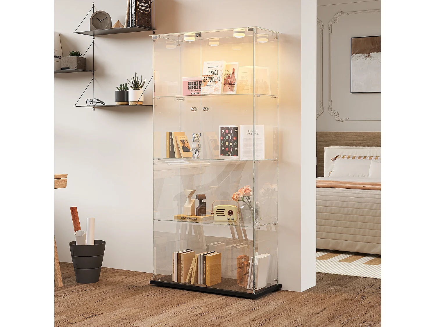 Vitrine à quatre niveaux en verre,double porte avec éclairage LED,corps en verre trempé,convient aux bureaux,aux collections de vin et aux salons,78,5x35x163 cm