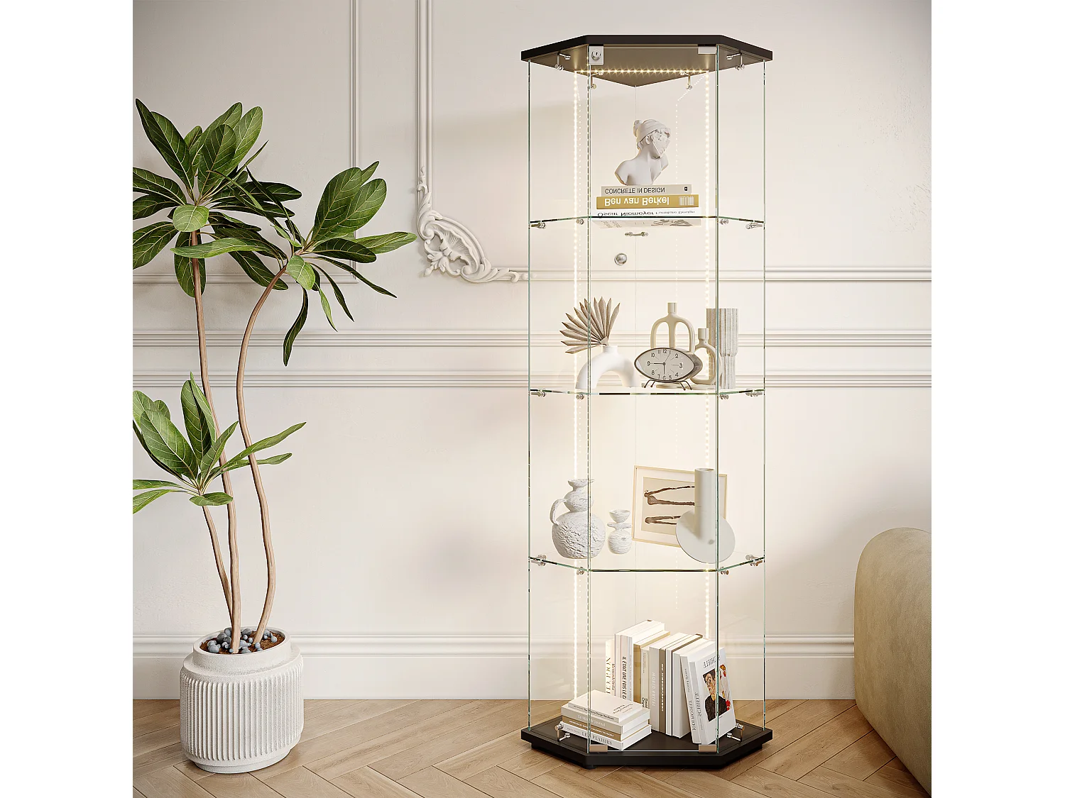 Vitrine d'angle Une Porte 4 Étagères Verre Trempé, Éclairage LED Intégré, Serrure Anti-Poussière, Socle Noir Rangement Déco, L60×H162cm