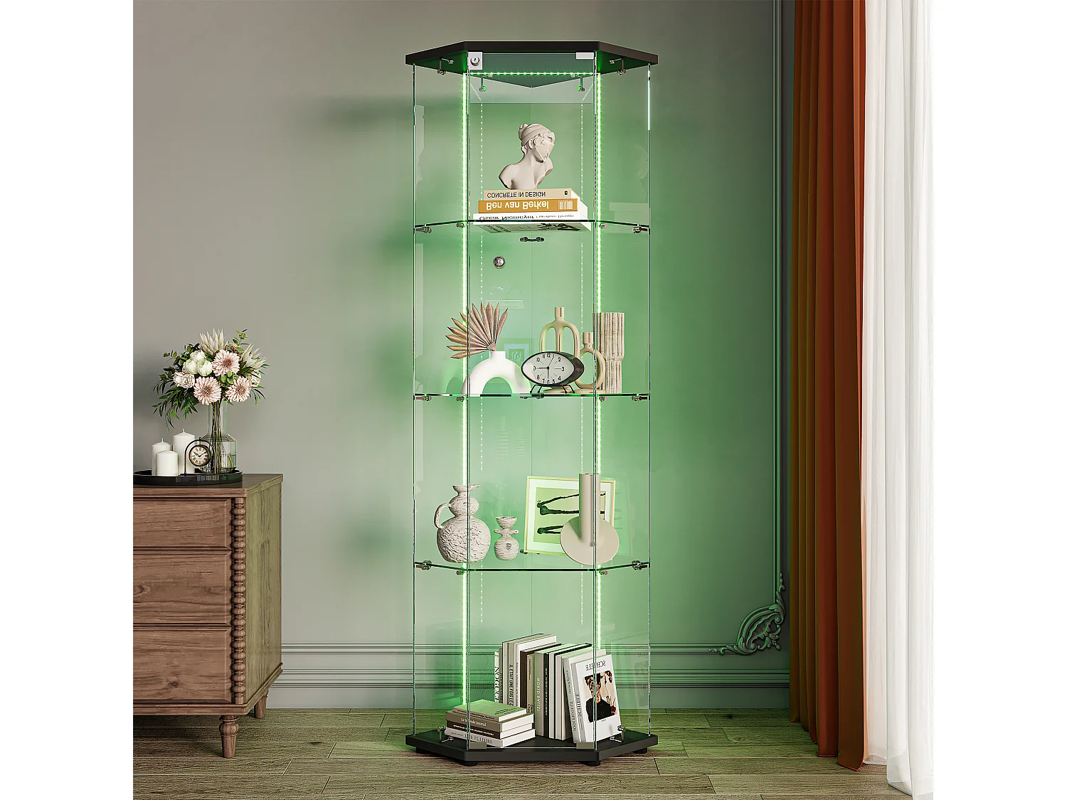 Vitrine d'angle Une Porte 4 Étagères Verre Trempé, Éclairage LED Intégré, Serrure Anti-Poussière, Socle Noir Rangement Déco, L60×H162cm