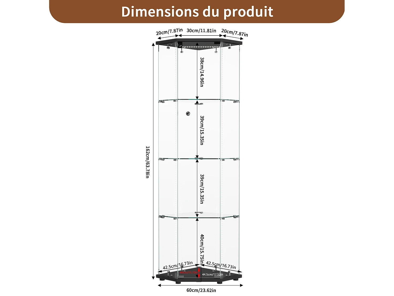Vitrine d'angle Une Porte 4 Étagères Verre Trempé, Éclairage LED Intégré, Serrure Anti-Poussière, Socle Noir Rangement Déco, L60×H162cm