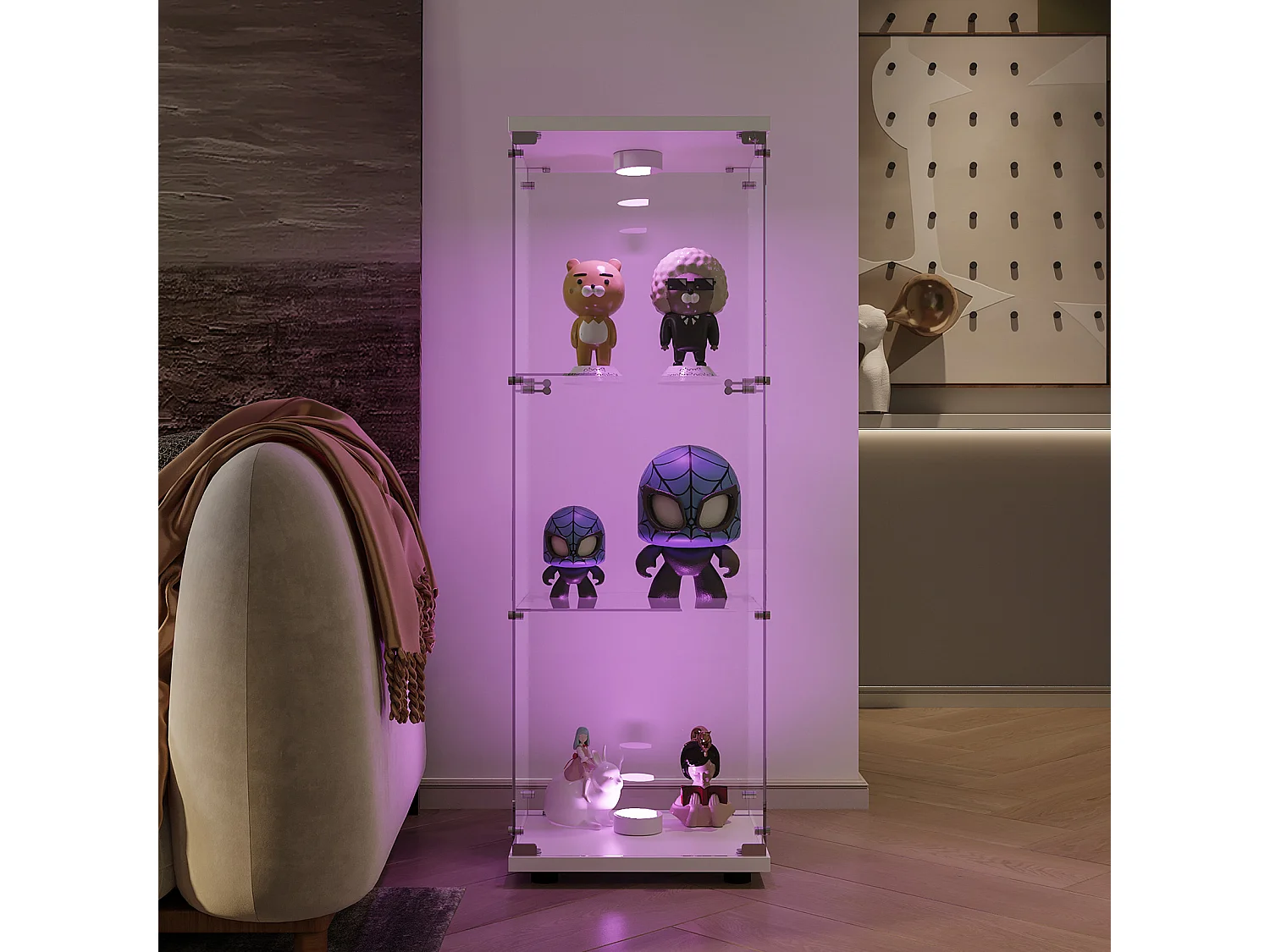 Vitrine D’exposition À Une Porte, 3 Niveaux En Verre Trempé, Avec Éclairage LED, Anti-Poussière Pour Figurines/Souvenirs, Structure Blanche, 78,5×34,5×186,5cm