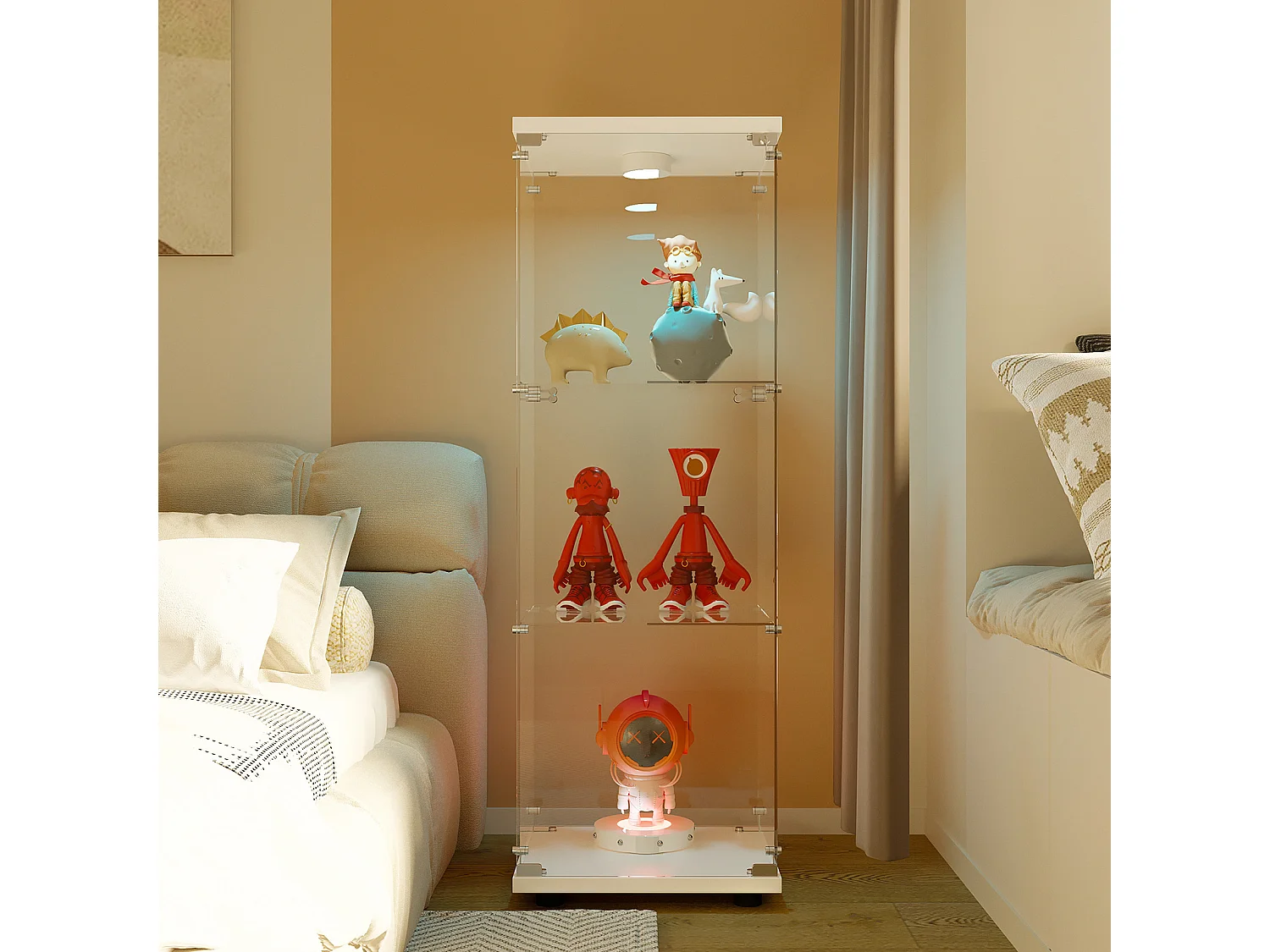 Vitrine D’exposition À Une Porte, 3 Niveaux En Verre Trempé, Avec Éclairage LED, Anti-Poussière Pour Figurines/Souvenirs, Structure Blanche, 78,5×34,5×186,5cm