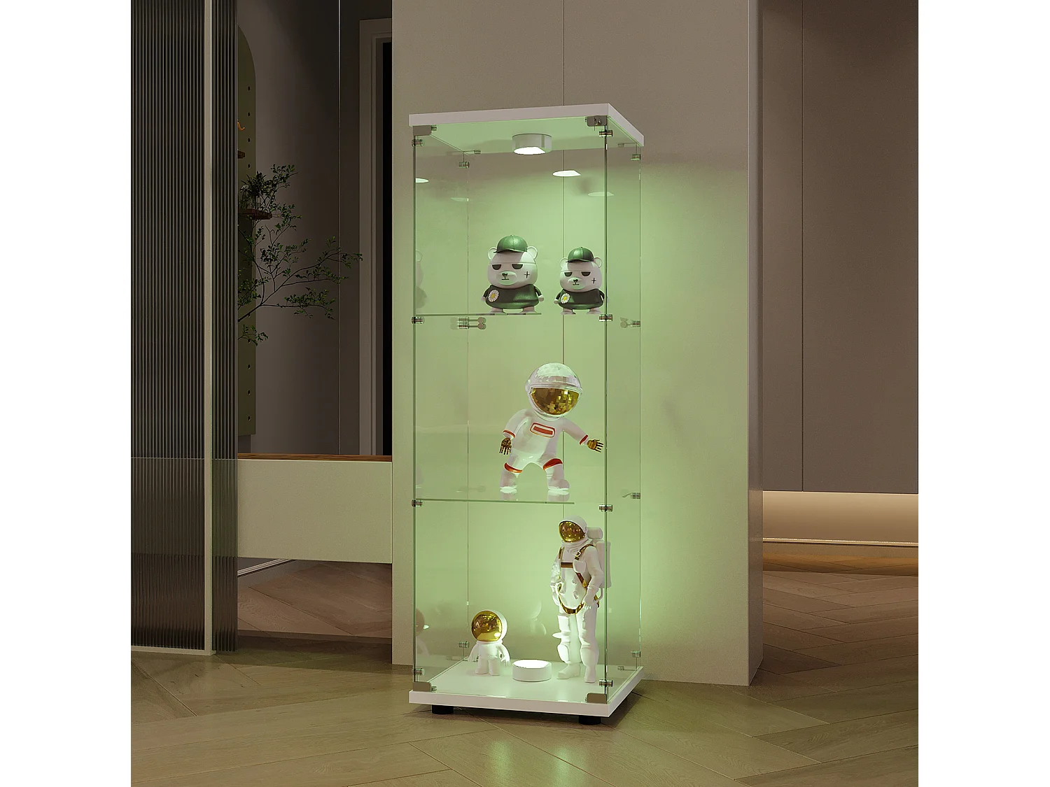 Vitrine D’exposition À Une Porte, 3 Niveaux En Verre Trempé, Avec Éclairage LED, Anti-Poussière Pour Figurines/Souvenirs, Structure Blanche, 78,5×34,5×186,5cm