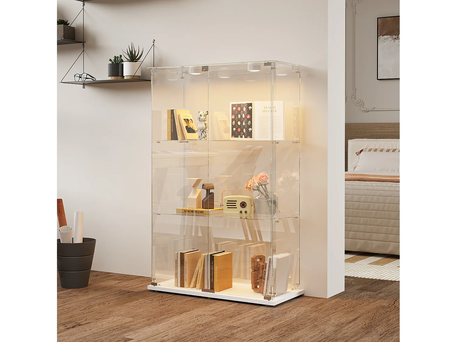 Vitrine D’exposition Double Porte 3 Étagères Verre Trempé, LED, Serrure Anti-Poussière, Meuble Blanc Rangement Jouets/Salon,78,5×35×123,3cm