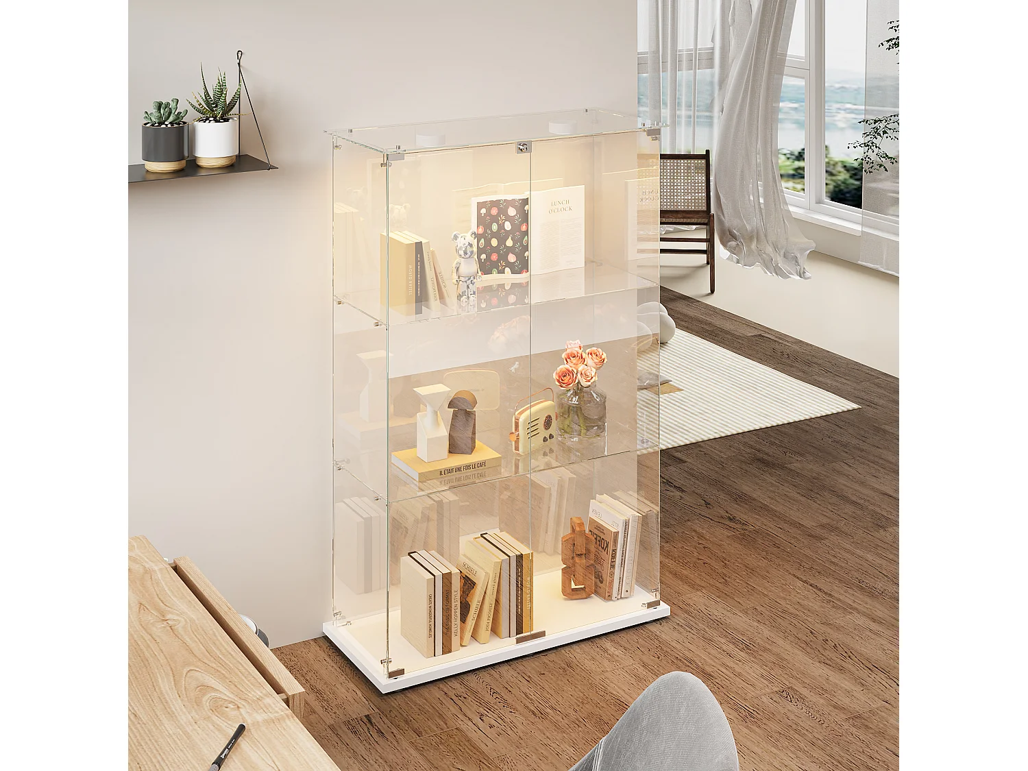 Vitrine D’exposition Double Porte 3 Étagères Verre Trempé, LED, Serrure Anti-Poussière, Meuble Blanc Rangement Jouets/Salon,78,5×35×123,3cm