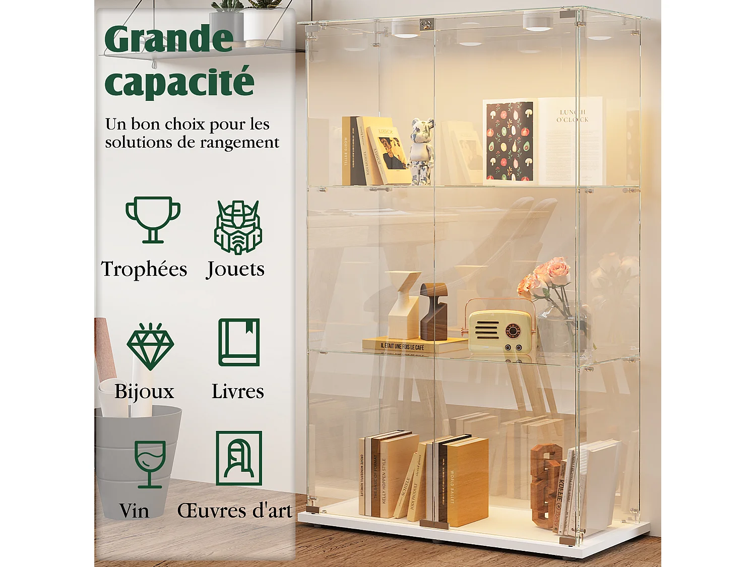 Vitrine D’exposition Double Porte 3 Étagères Verre Trempé, LED, Serrure Anti-Poussière, Meuble Blanc Rangement Jouets/Salon,78,5×35×123,3cm