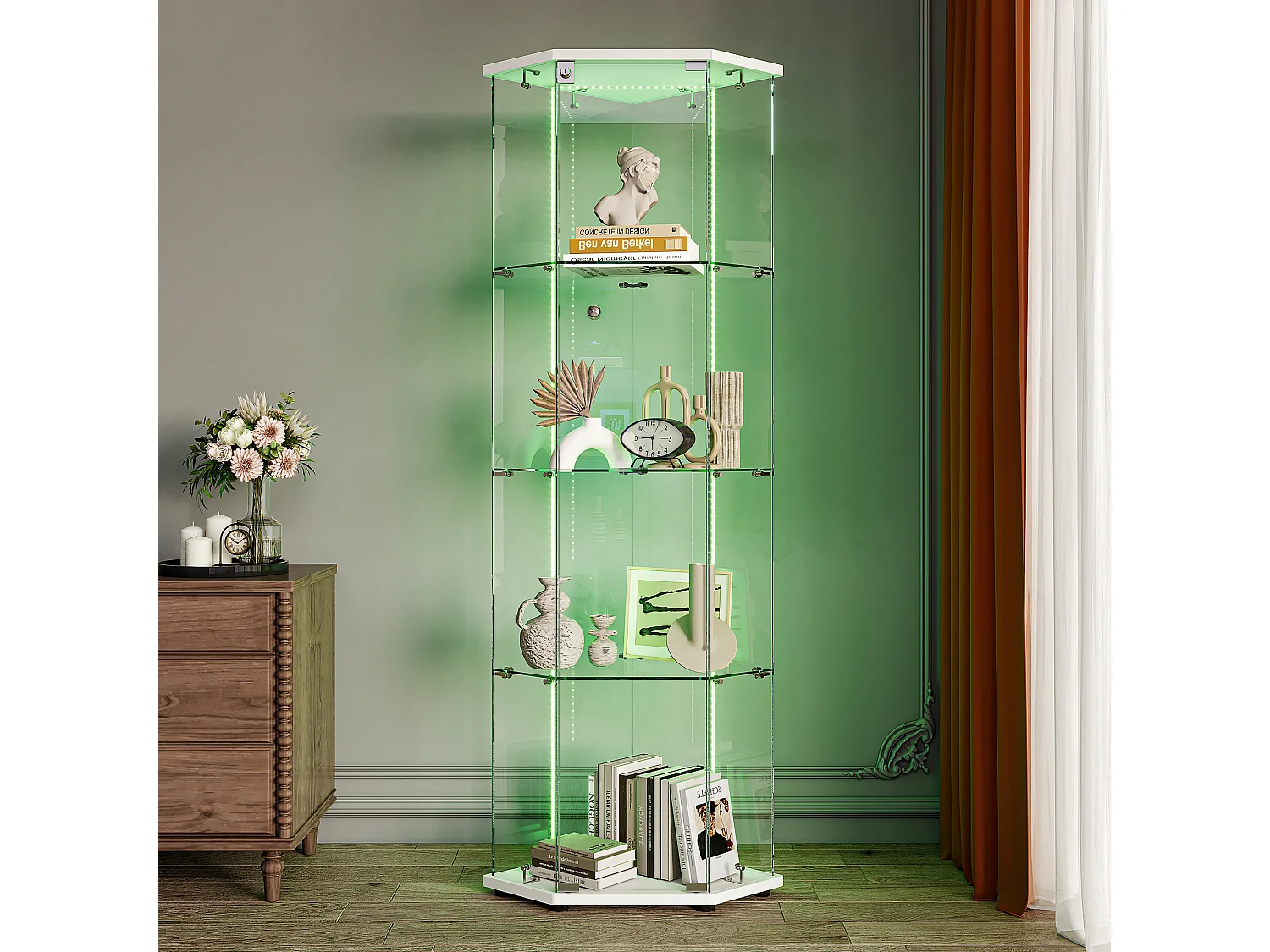 Vitrine Pentagone Une Porte 4 Étagères Verre Trempé,Éclairage LED/Spot Tactile,Serrure Anti-Poussière,Rangement Déco/Figurine Salon/Chambre,L60×H162cm