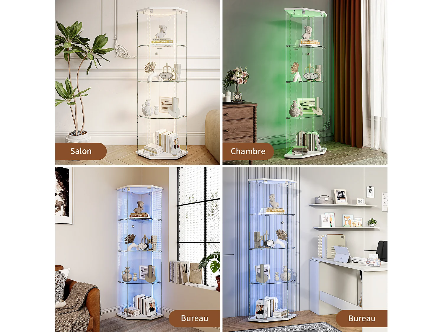 Vitrine Pentagone Une Porte 4 Étagères Verre Trempé,Éclairage LED/Spot Tactile,Serrure Anti-Poussière,Rangement Déco/Figurine Salon/Chambre,L60×H162cm