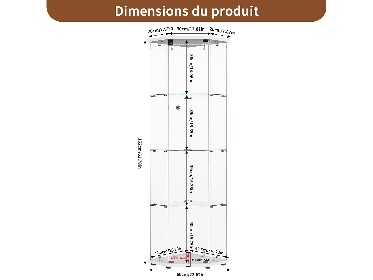 Vitrine Pentagone Une Porte 4 Étagères Verre Trempé,Éclairage LED/Spot Tactile,Serrure Anti-Poussière,Rangement Déco/Figurine Salon/Chambre,L60×H162cm