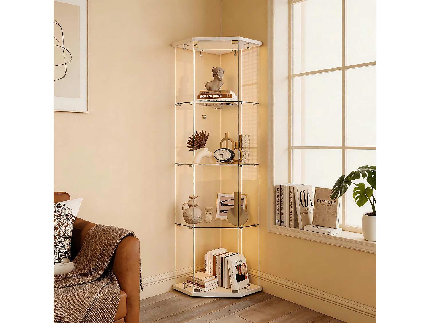 Vitrine Pentagone Une Porte 4 Étagères Verre Trempé,Éclairage LED/Spot Tactile,Serrure Anti-Poussière,Rangement Déco/Figurine Salon/Chambre,L60×H162cm