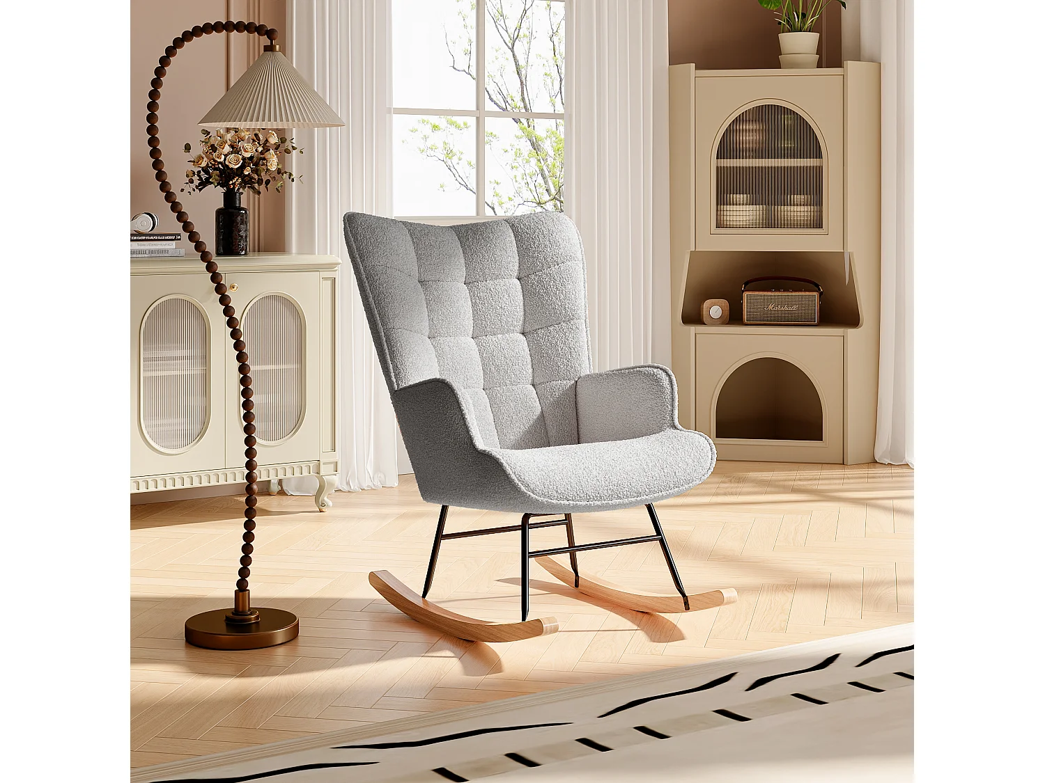 Peluche Fauteuil à Bascule, Rocking Chair, Fauteuil Allaitement, Chaise à Bascule Scandinave en Bois pour Chambre d' Enfant Chambre à Coucher Salon Balcon,Gris