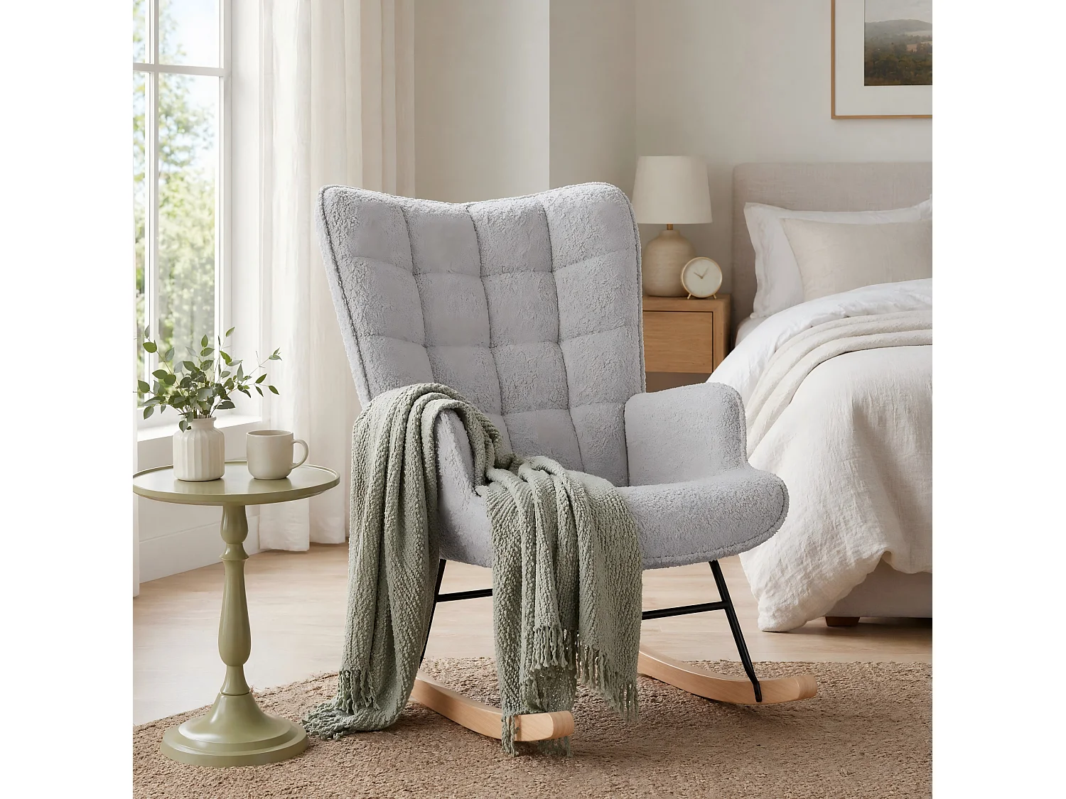 Peluche Fauteuil à Bascule, Rocking Chair, Fauteuil Allaitement, Chaise à Bascule Scandinave en Bois pour Chambre d' Enfant Chambre à Coucher Salon Balcon,Gris