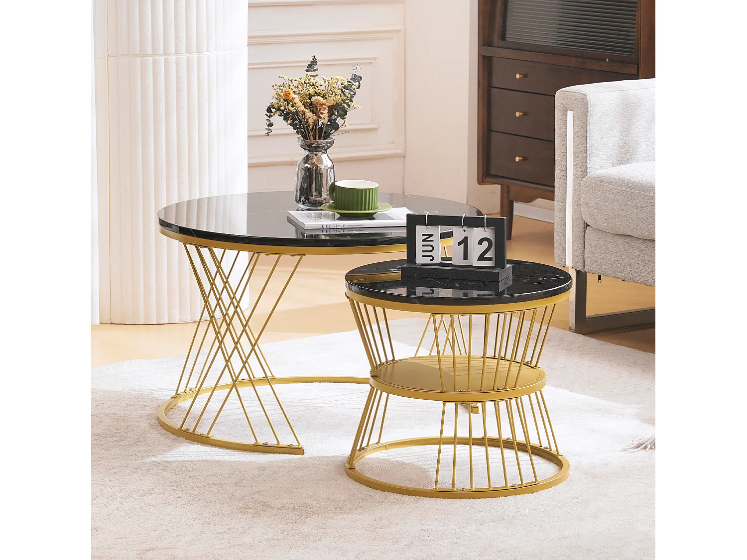 Table basse gigogne 70/70/47 cm et 45/45/40 cm avec motif marbre brillant Noir Ensemble 2 pièces