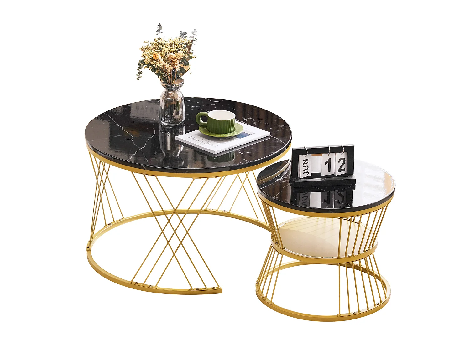 Table basse gigogne 70/70/47 cm et 45/45/40 cm avec motif marbre brillant Noir Ensemble 2 pièces