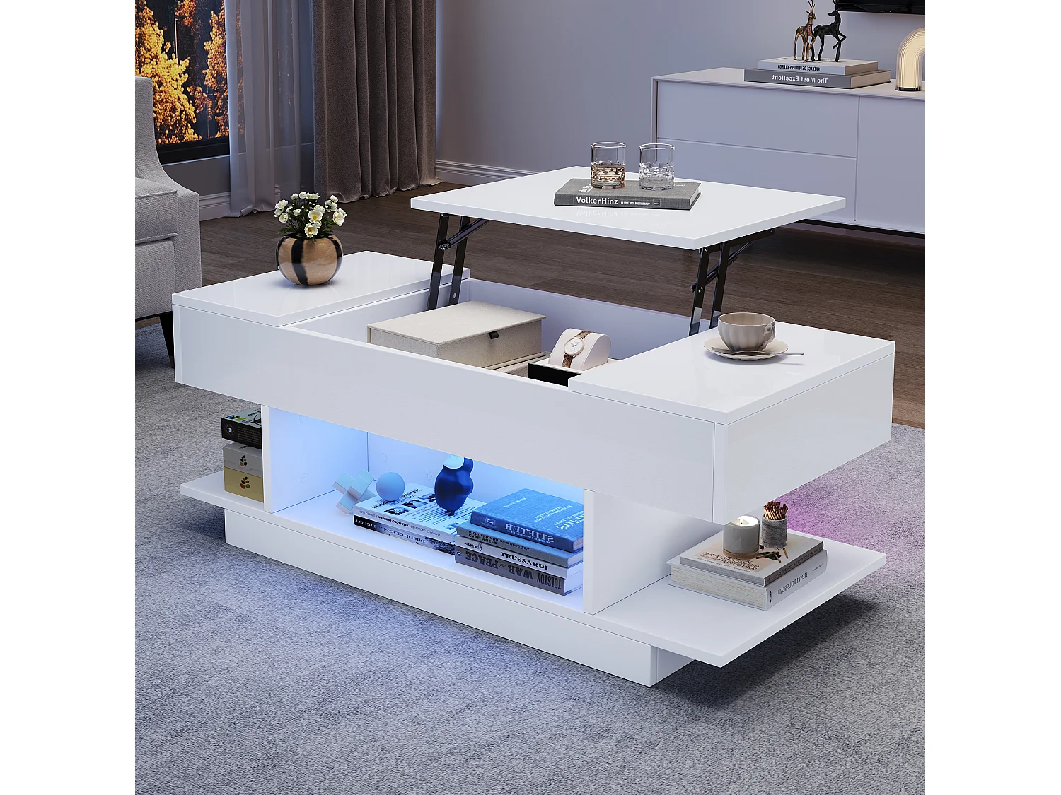 Mesa de centro em aglomerado branco 98 x 45 x 40 cm com tampo elevatório, arrumação e LED