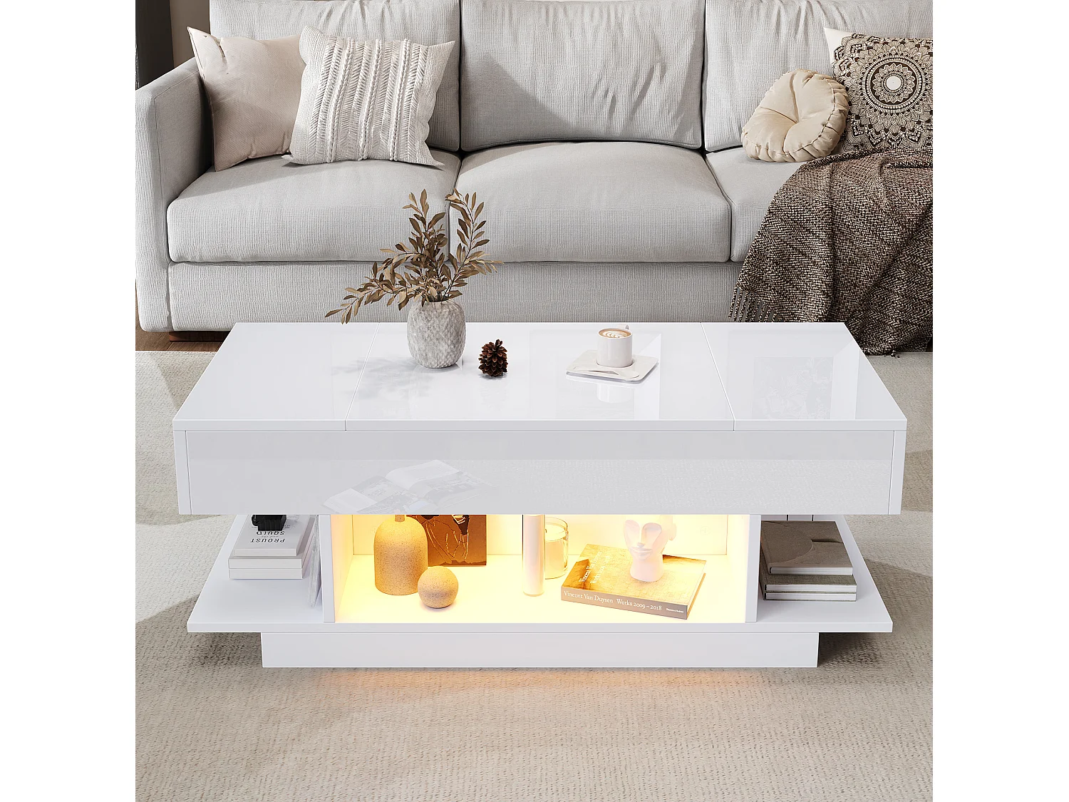 Mesa de centro em aglomerado branco 98 x 45 x 40 cm com tampo elevatório, arrumação e LED