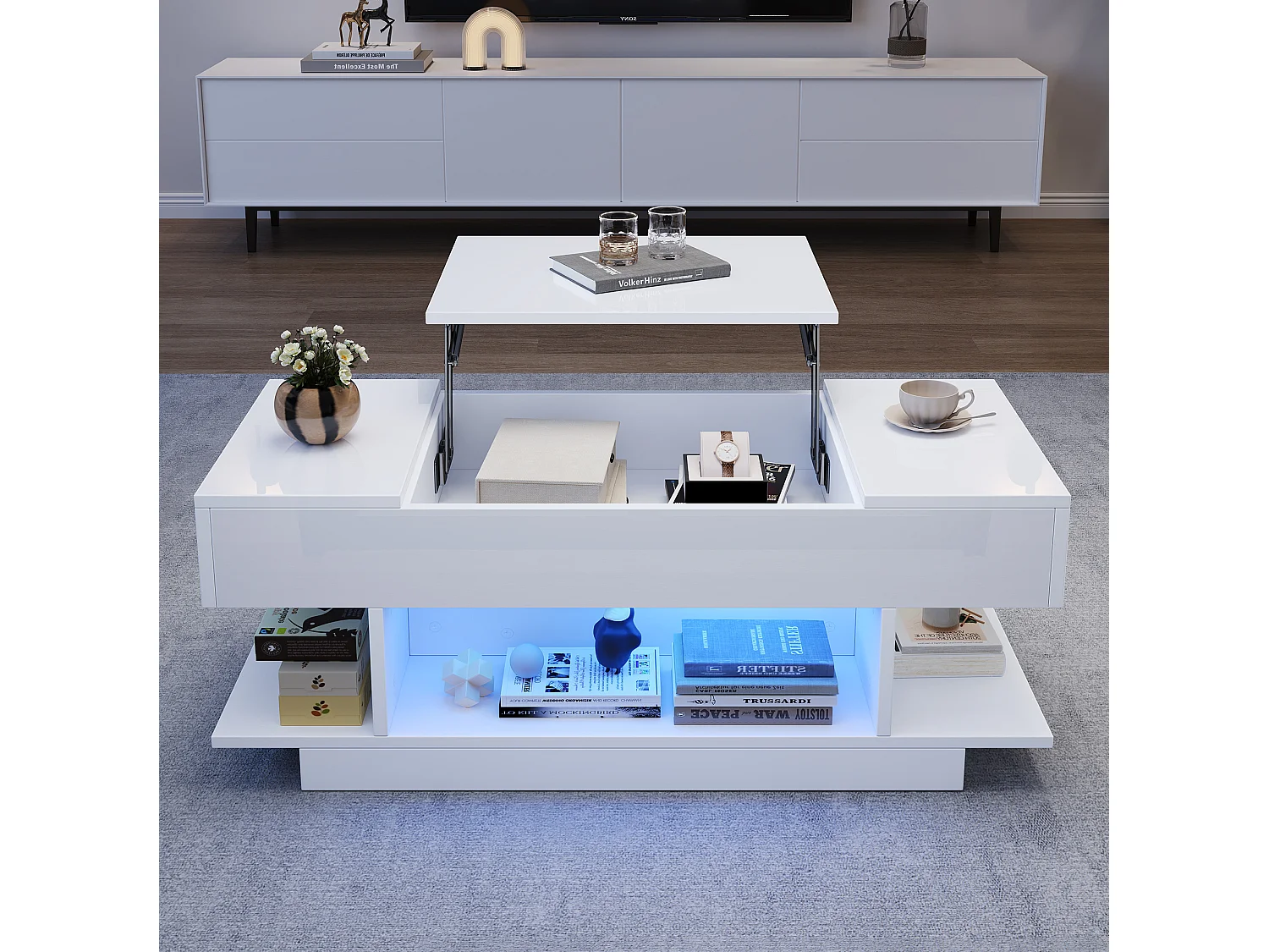 Mesa de centro em aglomerado branco 98 x 45 x 40 cm com tampo elevatório, arrumação e LED