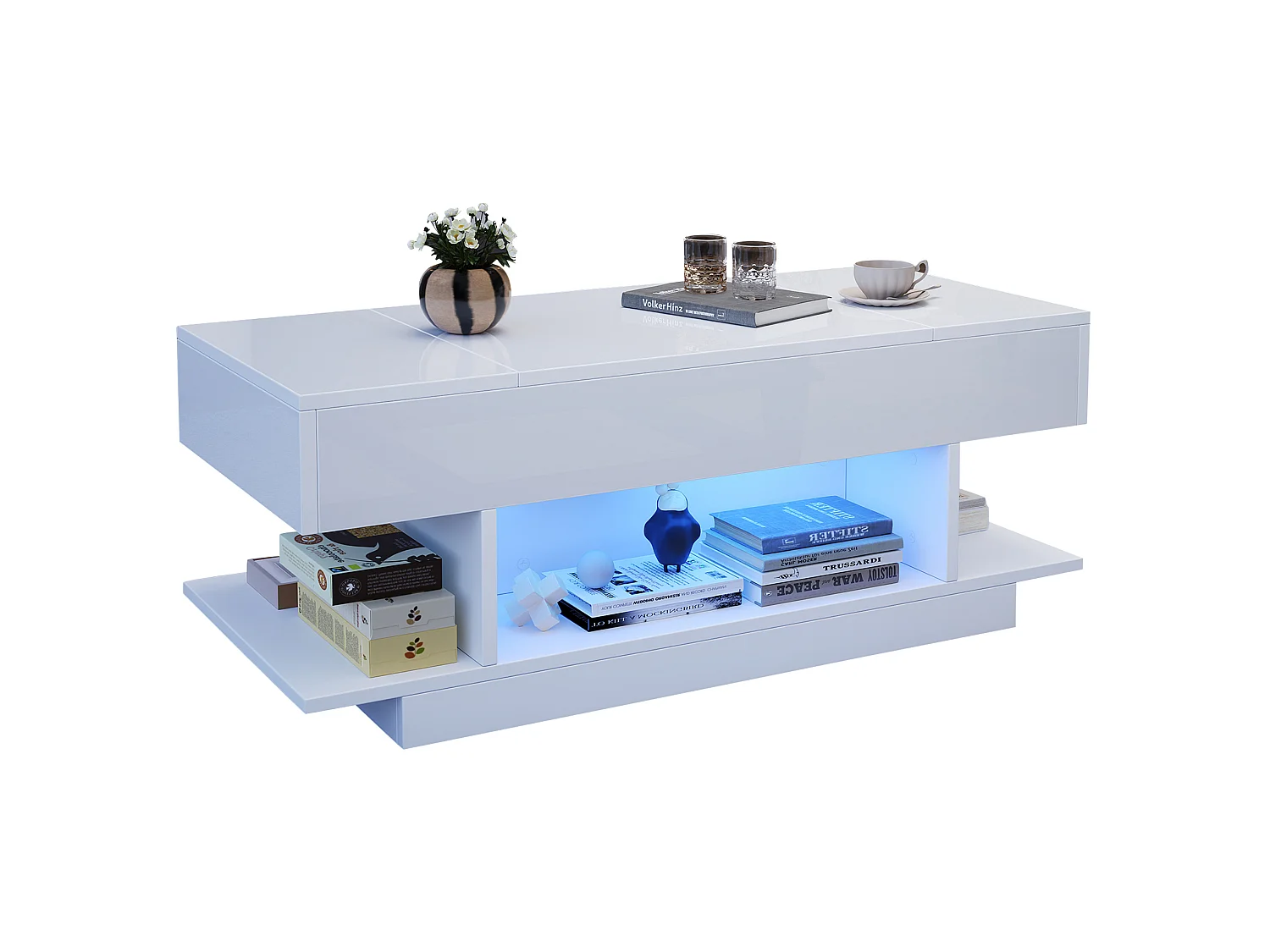 Mesa de centro em aglomerado branco 98 x 45 x 40 cm com tampo elevatório, arrumação e LED