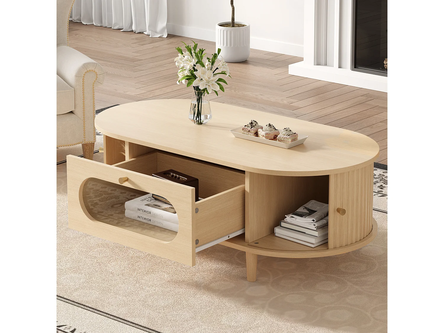 Table basse 100/50/36 cm avec tiroir et porte coulissante MDF chêne