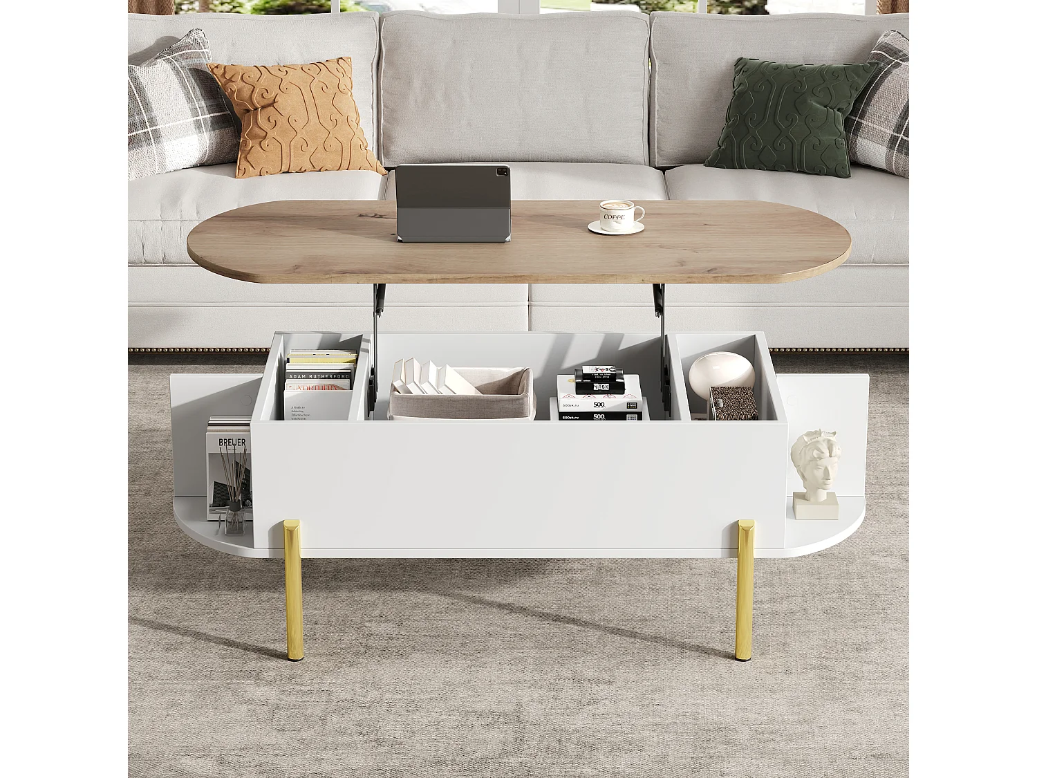 Table basse relevable 120/50/43 cm avec rangement caché MDF blanc et bois naturel